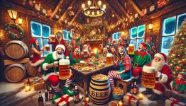 DALL·E 2024-12-22 15.16.46 - A lively and playful Christmas party featuring an abundance of beer at Santa Clauss home at the North Pole. The cozy wooden cabin is filled with chee.webp